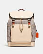 COACH®,LEAGUE FLAP BACKPACK IN SIGNATURE JACQUARD,Jacquard/Smooth Leather,X-Large,Black Copper/Stone/Ivory,Front View