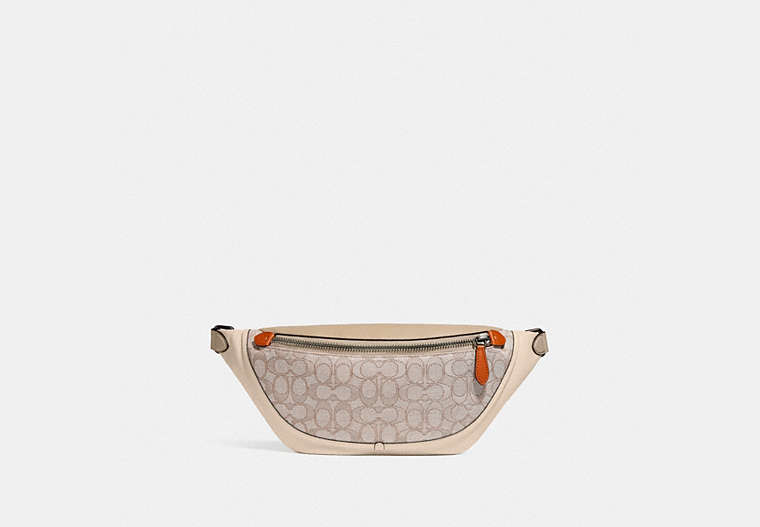 COACH®,LEAGUE BELT BAG IN SIGNATURE JACQUARD,Jacquard/Smooth Leather,Medium,Black Copper/Stone/Ivory,Front View