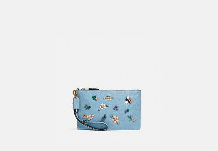 COACH®,SMALL WRISTLET WITH FLORAL EMBROIDERY,Pebble Leather,Brass/Azure,Front View