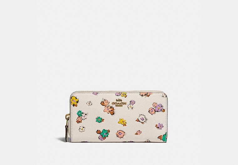 COACH®,ACCORDION ZIP WALLET WITH FLORAL PRINT,Pebble Leather,Mini,Brass/Chalk,Front View