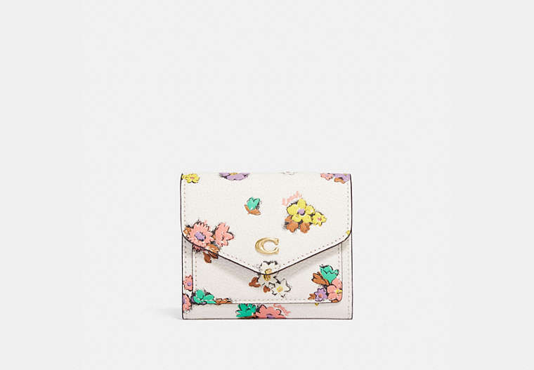 COACH®,WYN SMALL WALLET WITH FLORAL PRINT,Pebble Leather,Brass/Chalk,Front View