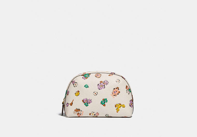 COACH®,JULIENNE COSMETIC CASE 17 WITH FLORAL PRINT,Pebble Leather,Small,Brass/Chalk,Front View