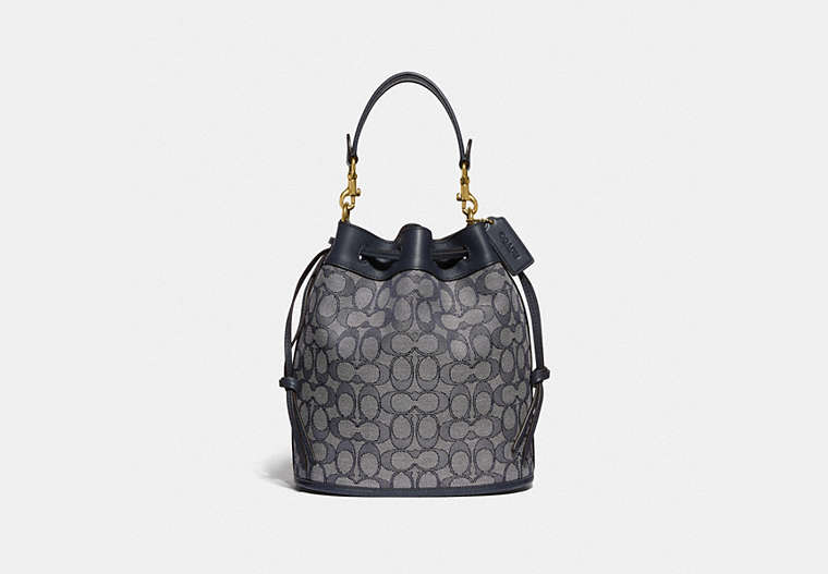 COACH®,FIELD BUCKET BAG IN SIGNATURE JACQUARD,Signature Jacquard,Medium,Brass/Navy Midnight Navy,Front View