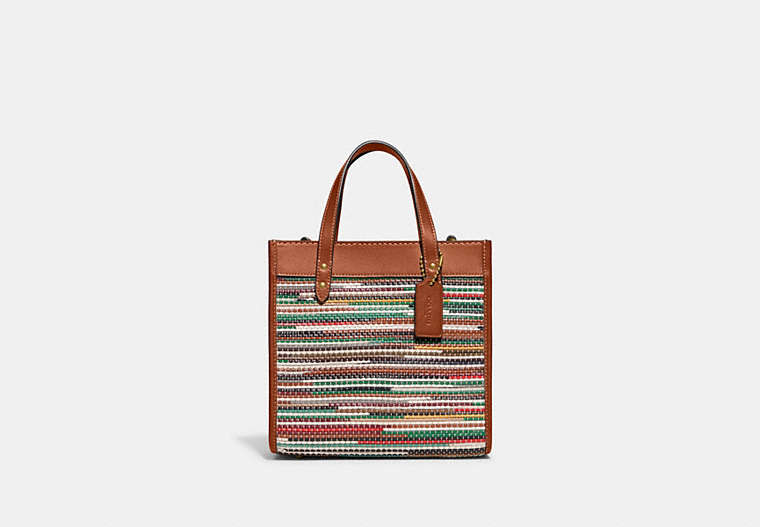 COACH®,FIELD TOTE 22 IN UPWOVEN LEATHER,Leather,Medium,Brass/Multi,Front View