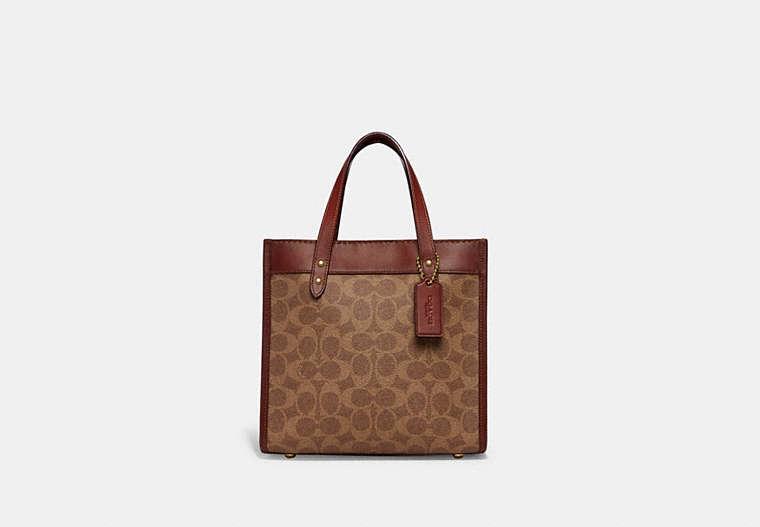 COACH®,FIELD TOTE 22 IN SIGNATURE CANVAS WITH HORSE AND CARRIAGE PRINT,canvas,Medium,Brass/Tan Truffle Rust,Front View