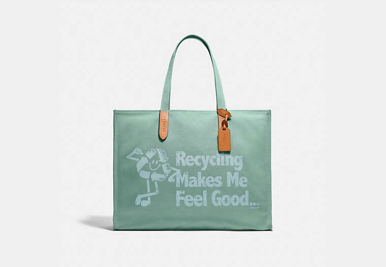 COACH®,TOTE 42 IN 100 PERCENT RECYCLED CANVAS,Recycled Canvas,Large,Brass/Iceberg Green,Front View