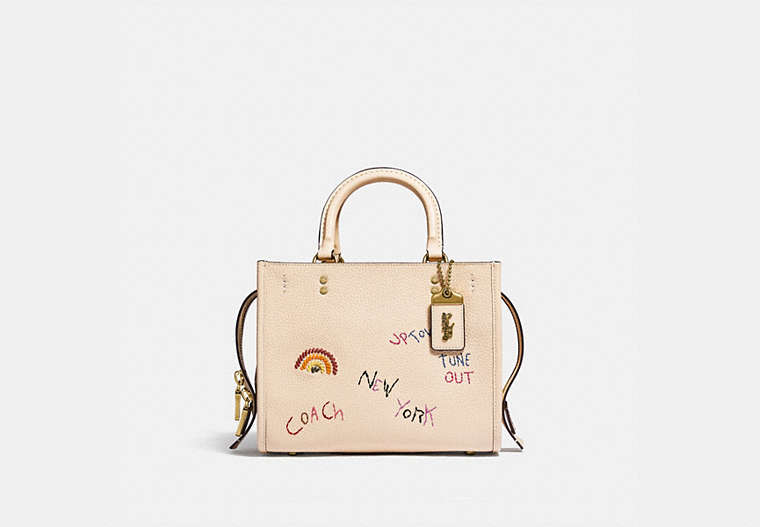 COACH®,ROGUE BAG 25 WITH EMBROIDERY,Natural Pebble Leather,Medium,Brass/Ivory,Front View