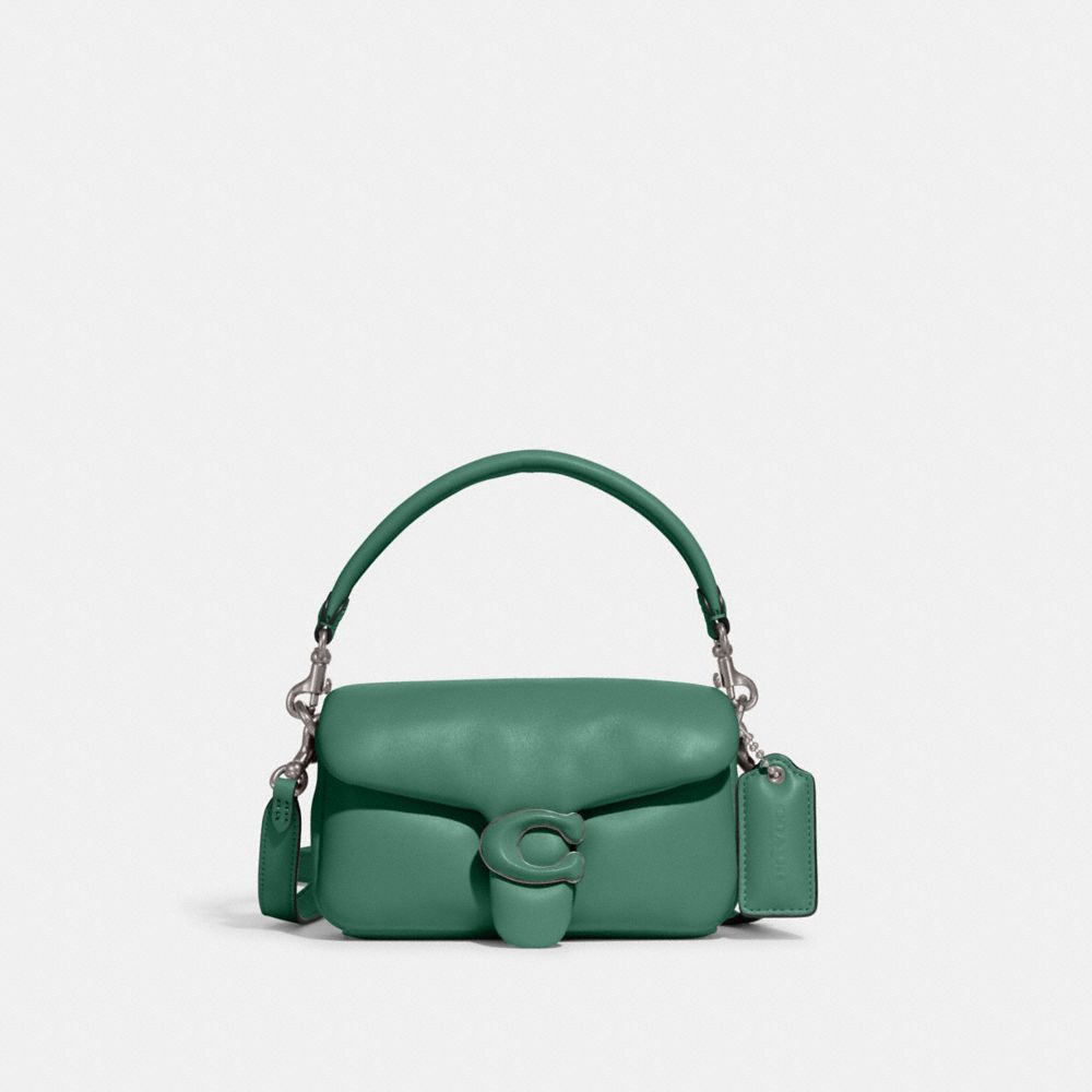 COACH®,Pillow Tabby Shoulder Bag 18,Calfskin Leather,Crossbody,Logo,Silver Metal,Casual,Green,Front View