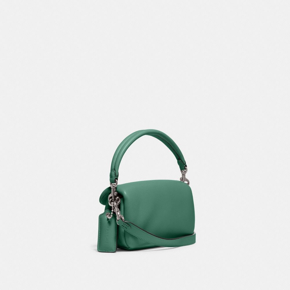COACH®,Pillow Tabby Shoulder Bag 18,Calfskin Leather,Crossbody,Logo,Silver Metal,Casual,Green,Angle View