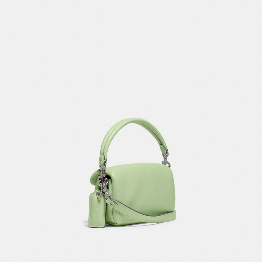 COACH®,Pillow Tabby Shoulder Bag 18,Calfskin Leather,Crossbody,Logo,Silver Metal,Casual,Green,Angle View