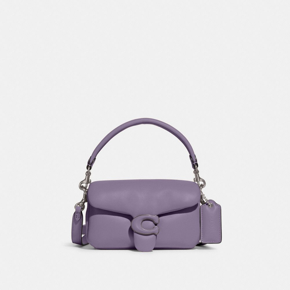 COACH®,Pillow Tabby Shoulder Bag 18,Calfskin Leather,Crossbody,Logo,Silver Metal,Casual,Purple,Front View
