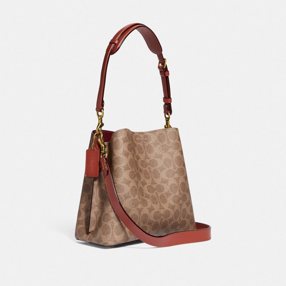 COACH®,WILLOW BUCKET BAG IN SIGNATURE CANVAS,Signature Coated Canvas,Medium,Brass/Tan/Rust,Angle View