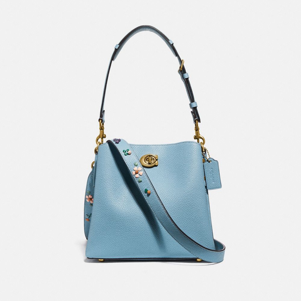 COACH®,WILLOW BUCKET BAG WITH FLORAL EMBROIDERY,Nappa leather,Medium,Brass/Azure,Front View