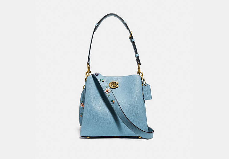 COACH®,WILLOW BUCKET BAG WITH FLORAL EMBROIDERY,Pebble Leather,Medium,Brass/Azure,Front View