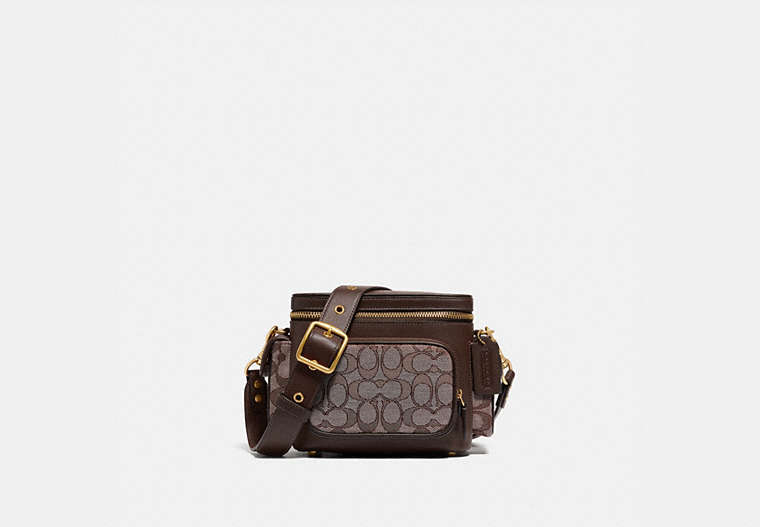COACH®,UTILITY CROSSBODY 18 IN SIGNATURE JACQUARD,Jacquard/Smooth Leather,Small,Oak/Maple,Front View