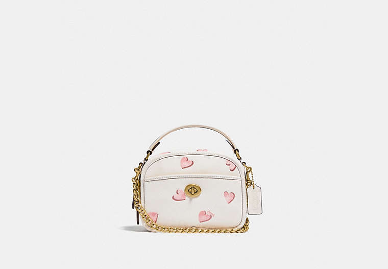 COACH®,LUNCHBOX TOP HANDLE WITH HEART PRINT,Smooth Leather,Mini,Brass/Chalk,Front View