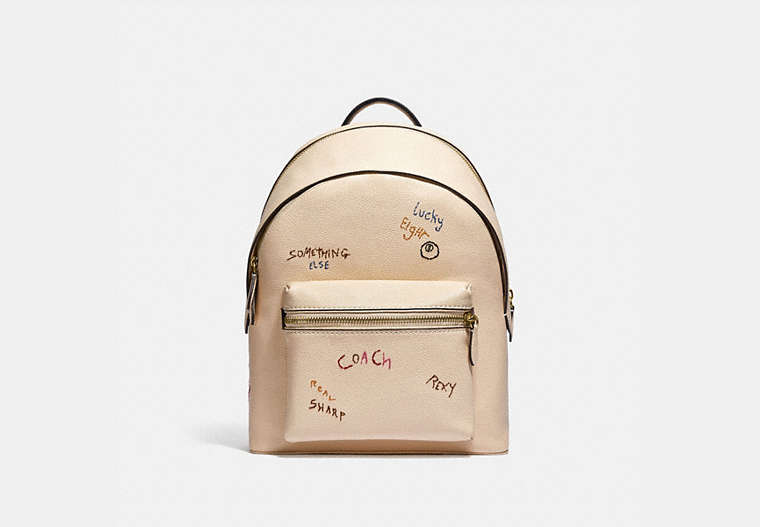 COACH®,CHARTER BACKPACK WITH EMBROIDERY,Pebble Leather,X-Large,Brass/Ivory Multi,Front View