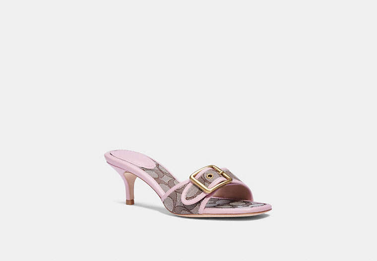 COACH®,BUCKLE MULE,Signature Coated Canvas,Oak/Pink Orchid,Front View