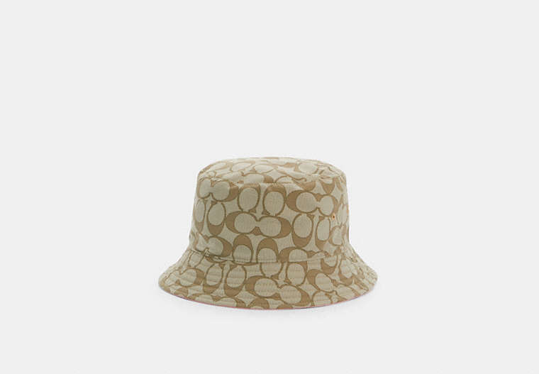 COACH®,SIGNATURE BUCKET HAT,cottontwill,Khaki/Pink,Front View