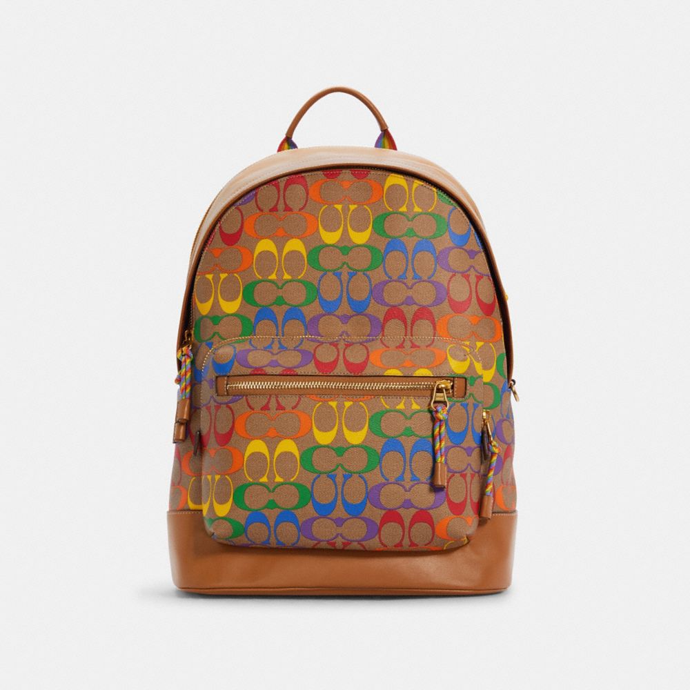 COACH®,WEST BACKPACK IN RAINBOW SIGNATURE CANVAS,Large,Gunmetal/Khaki Multi,Front View