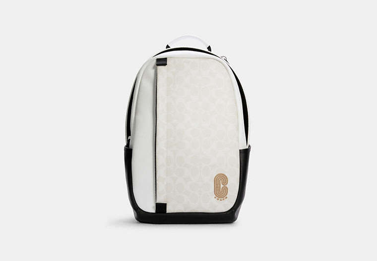 COACH®,EDGE BACKPACK IN COLORBLOCK SIGNATURE CANVAS,pvc,Large,Gunmetal/Chalk/Black,Front View