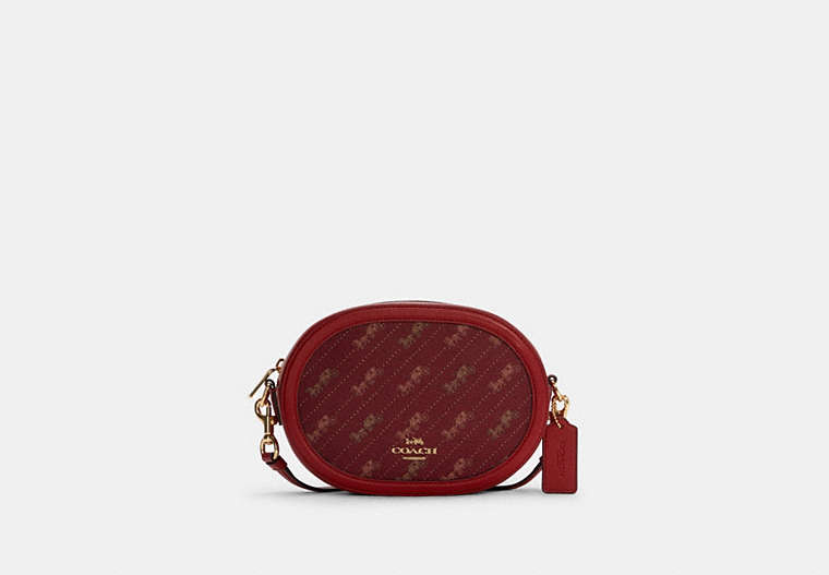 COACH®,CAMERA BAG WITH HORSE AND CARRIAGE DOT PRINT,Canvas/Smooth Leather,Small,Gold/1941 Red,Front View
