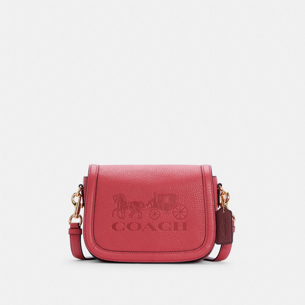 COACH®,SADDLE BAG WITH HORSE AND CARRIAGE,Pebble Leather,Medium,Gold/Poppy/Vintage Mauve,Front View