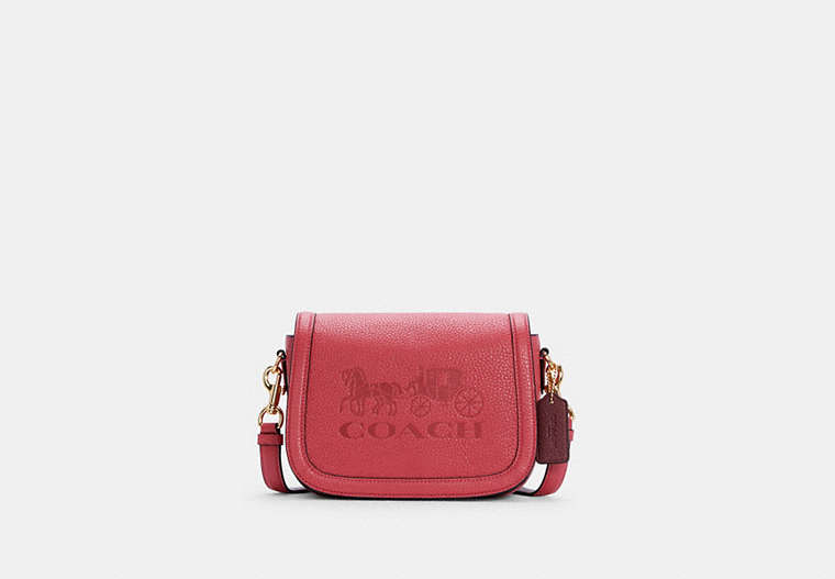 COACH®,SADDLE BAG WITH HORSE AND CARRIAGE,Pebble Leather,Medium,Gold/Poppy/Vintage Mauve,Front View