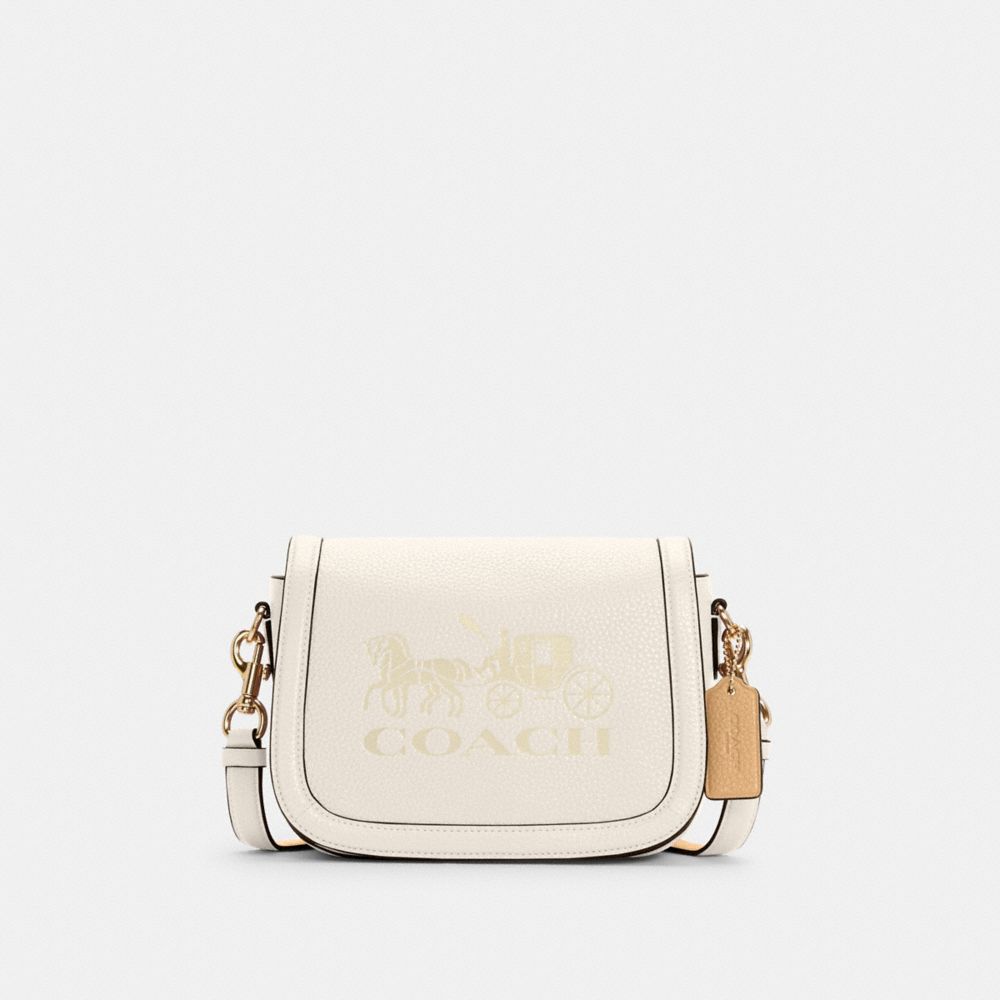 COACH®,SADDLE BAG WITH HORSE AND CARRIAGE,Pebble Leather,Medium,Gold/Chalk/Vanilla Cream,Front View