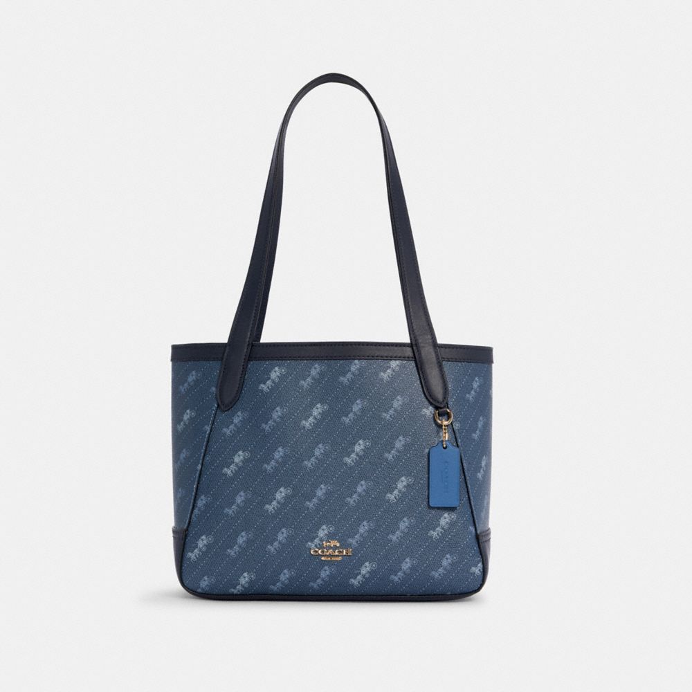 COACH®,TOTE 27 WITH HORSE AND CARRIAGE DOT PRINT,Novelty Print,Medium,Gold/Denim,Front View