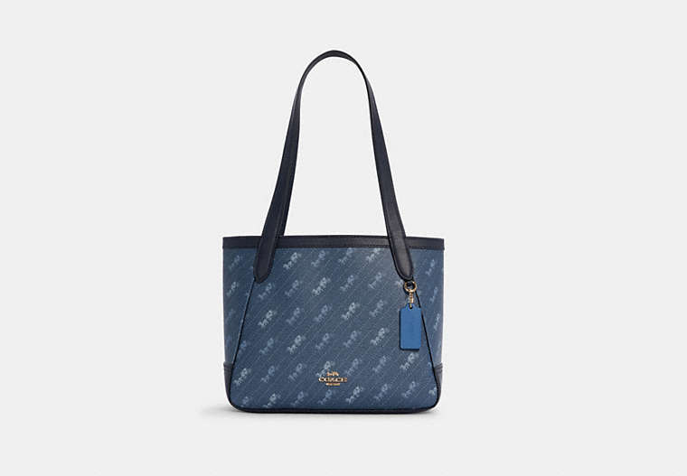 COACH®,TOTE 27 WITH HORSE AND CARRIAGE DOT PRINT,Canvas/Smooth Leather,Medium,Gold/Denim,Front View
