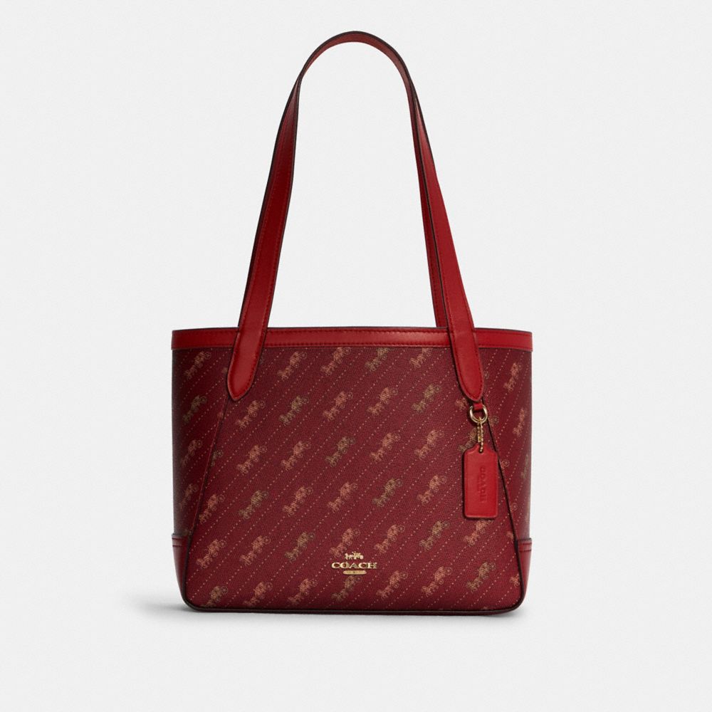 COACH®,TOTE 27 WITH HORSE AND CARRIAGE DOT PRINT,Novelty Print,Medium,Gold/1941 Red,Front View
