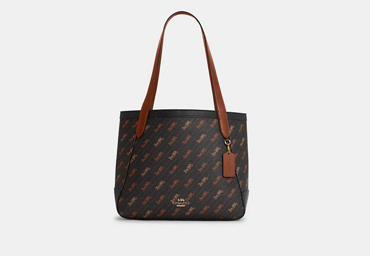 COACH®,TOTE WITH HORSE AND CARRIAGE DOT PRINT,Canvas/Smooth Leather,Large,Gold/Black,Front View