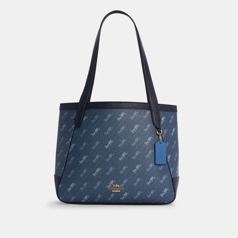 COACH®,TOTE WITH HORSE AND CARRIAGE DOT PRINT,Canvas/Smooth Leather,Large,Gold/Denim,Front View
