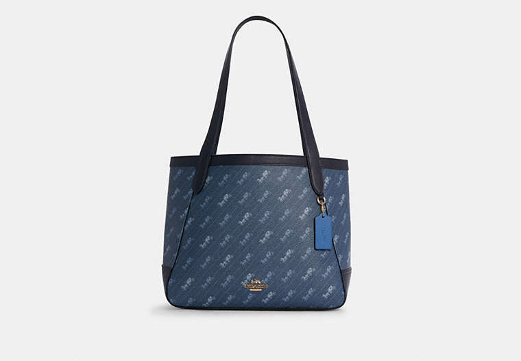 COACH®,TOTE WITH HORSE AND CARRIAGE DOT PRINT,Canvas/Smooth Leather,Large,Gold/Denim,Front View