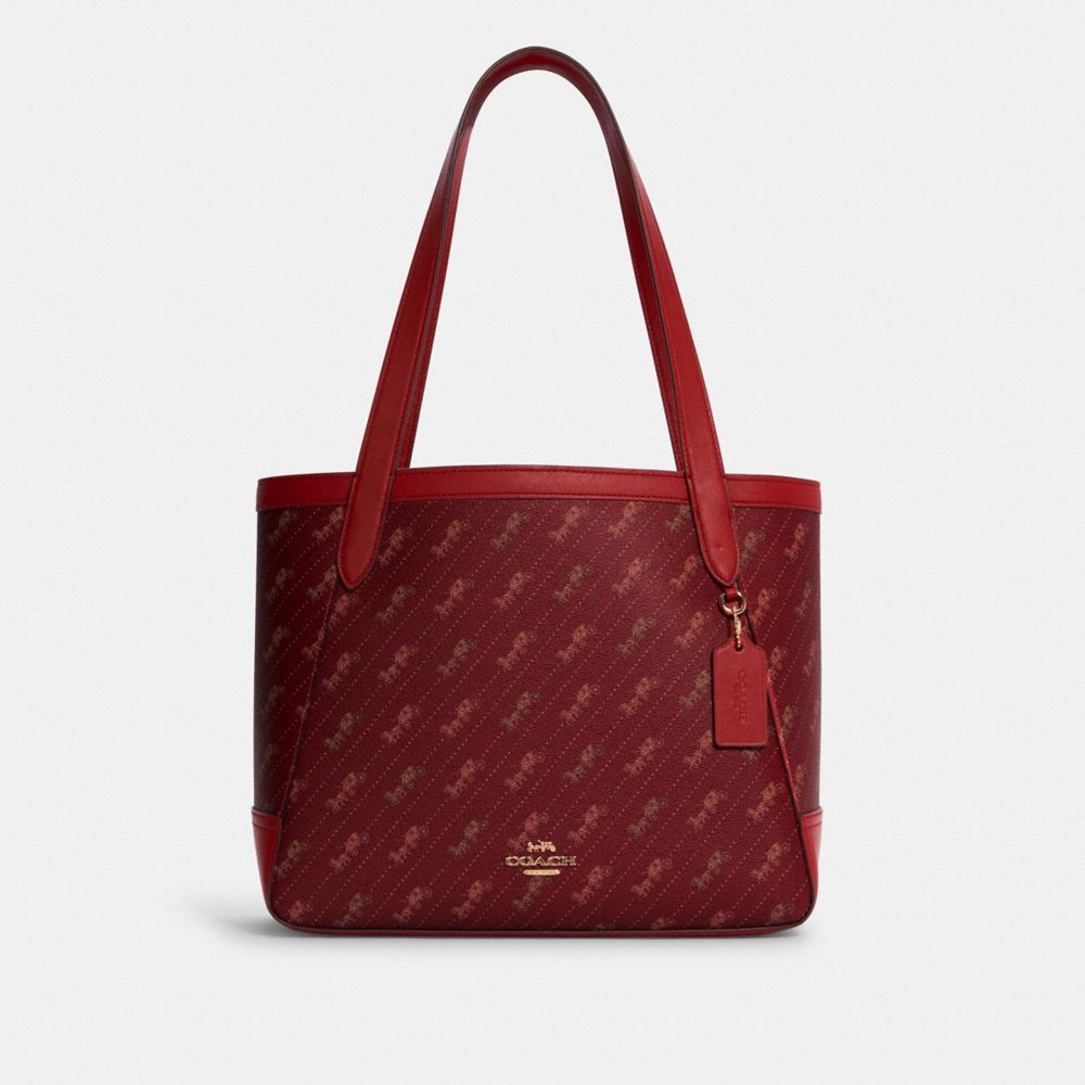 COACH®,TOTE WITH HORSE AND CARRIAGE DOT PRINT,Canvas/Smooth Leather,Large,Gold/1941 Red,Front View