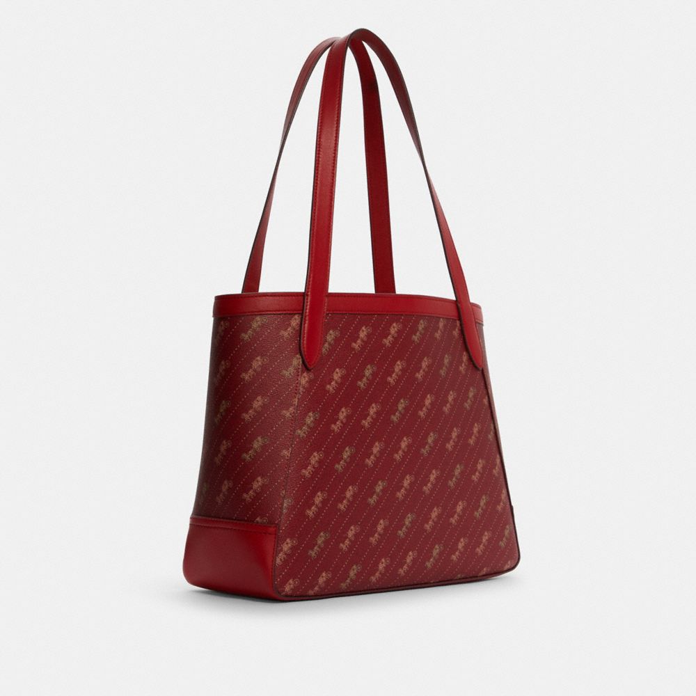 COACH®,TOTE WITH HORSE AND CARRIAGE DOT PRINT,Canvas/Smooth Leather,Large,Gold/1941 Red,Angle View