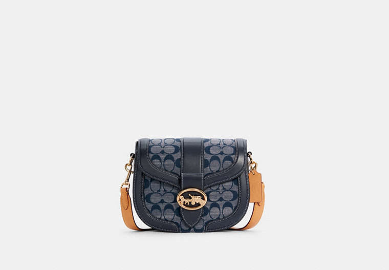 COACH®,GEORGIE SADDLE BAG IN SIGNATURE CHAMBRAY,Chambray/Smooth Leather,Medium,Gold/Denim Multi,Front View