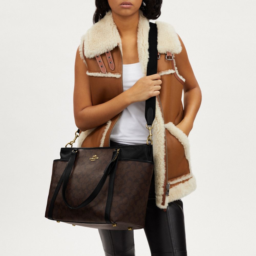 COACH®,Baby Bag In Signature Canvas,Leather,Canvas,Diaper Bag,Tote,Piping,Logo,Color Block,Gold Metal,Casual,Brown,Detail View