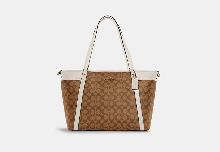 COACH®,BABY BAG IN SIGNATURE CANVAS,Canvas/Smooth Leather,X-Large,Gold/Khaki/Chalk,Front View