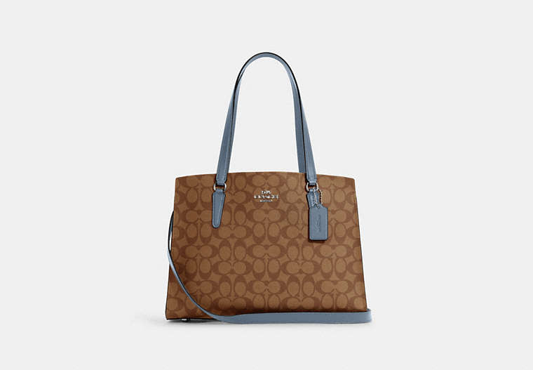 COACH®,TATUM CARRYALL IN SIGNATURE CANVAS,Signature Coated Canvas/Smooth Leather,Large,Silver/Khaki/Marble Blue,Front View image number 0
