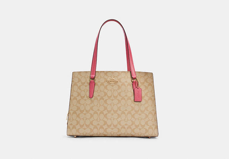 COACH®,TATUM CARRYALL 40 IN SIGNATURE CANVAS,n/a,X-Large,Gold/Light Khaki/Confetti Pink,Front View