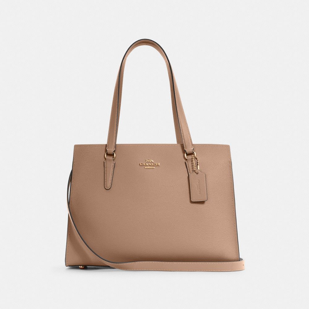 COACH®,TATUM CARRYALL,Pebbled Leather,Large,Gold/Taupe Oxblood,Front View