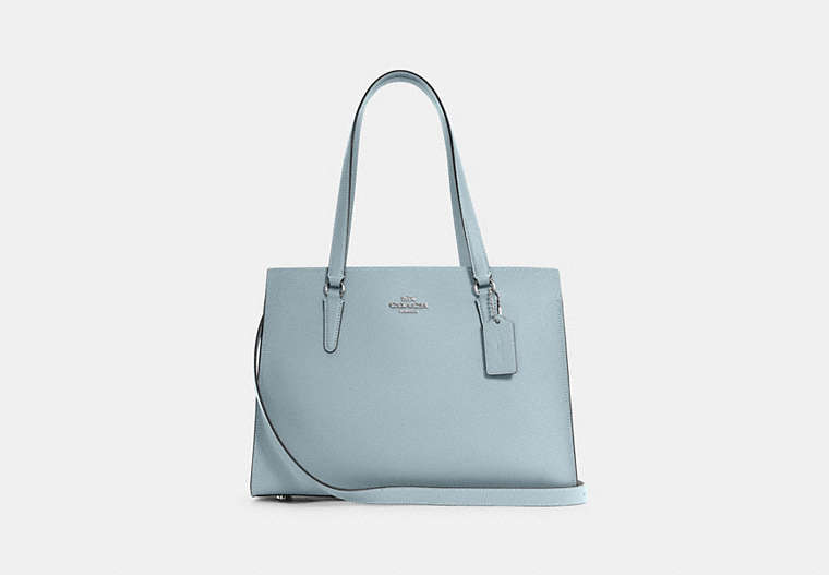 COACH®,TATUM CARRYALL,Crossgrain Leather,Large,Silver/Powder Blue,Front View