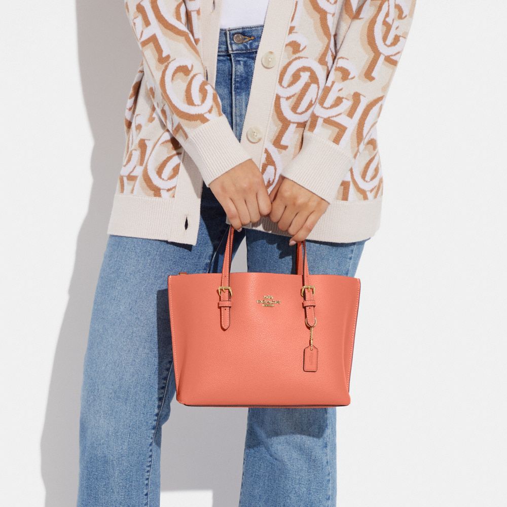 COACH®,Mollie Tote Bag 25,Leather,Crossbody,Belt,Gold Metal,Casual,Coral,Detail View