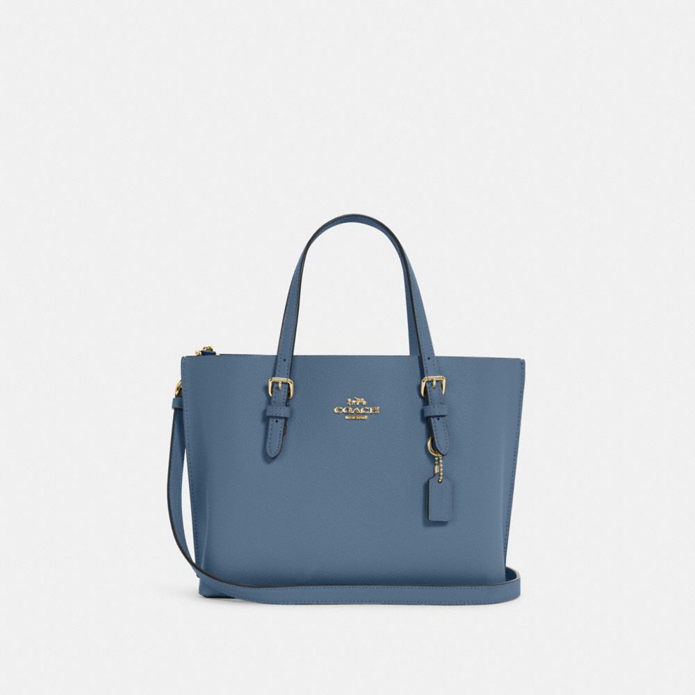 COACH®,CABAS MOLLIE 25,Cuir galet,Or/Indigo,Front View
