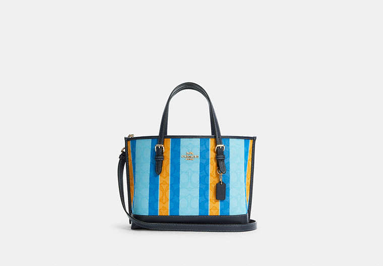 COACH®,MOLLIE TOTE 25 IN SIGNATURE JACQUARD WITH STRIPES,Jacquard/Smooth Leather,Medium,Gold/Blue/Yellow Multi,Front View