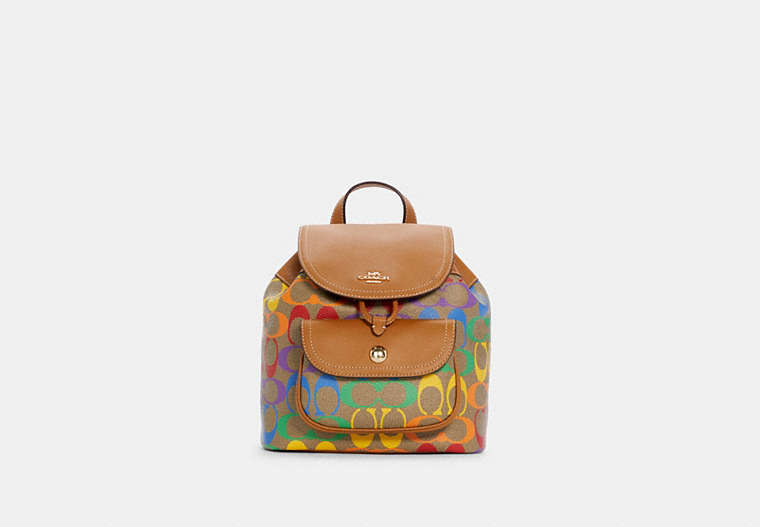 COACH®,PENNIE BACKPACK 22 IN RAINBOW SIGNATURE CANVAS,Medium,Gold/Light Saddle Multi,Front View