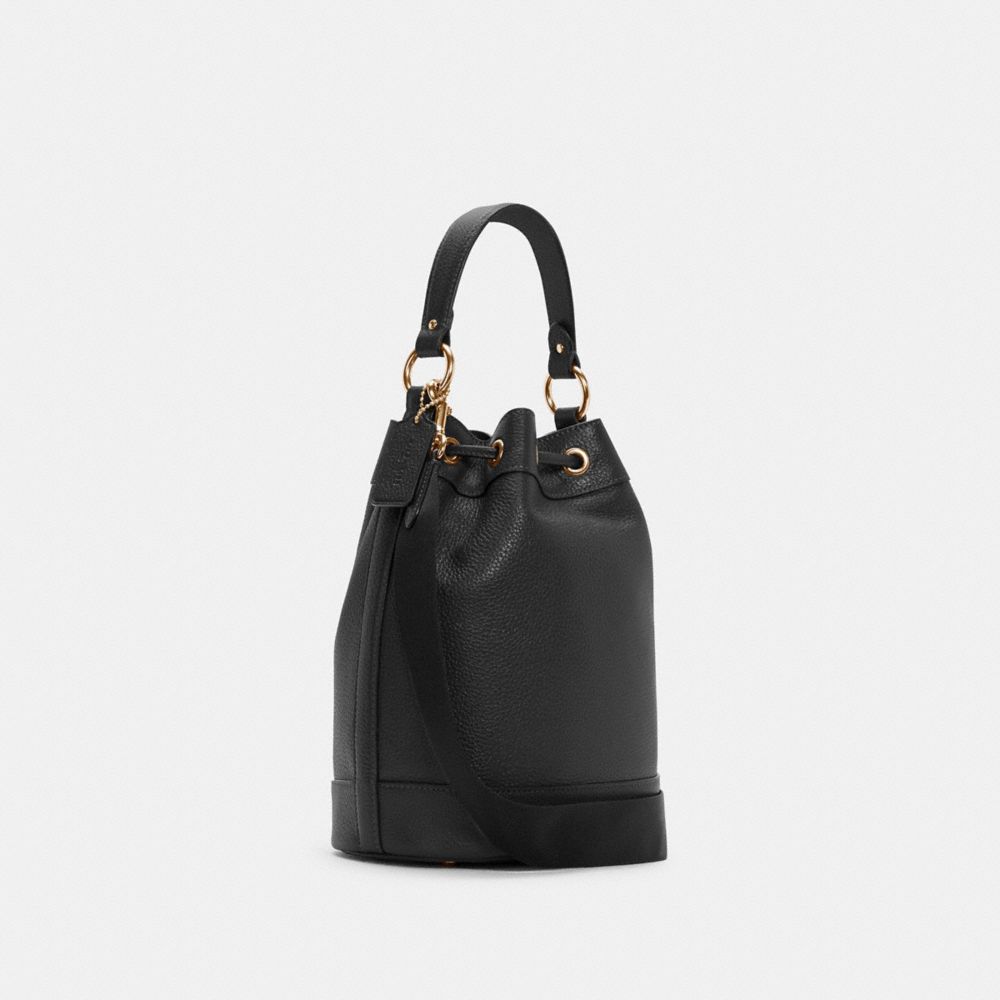 COACH®,DEMPSEY DRAWSTRING BUCKET BAG,Leather,Medium,Gold/Black,Angle View
