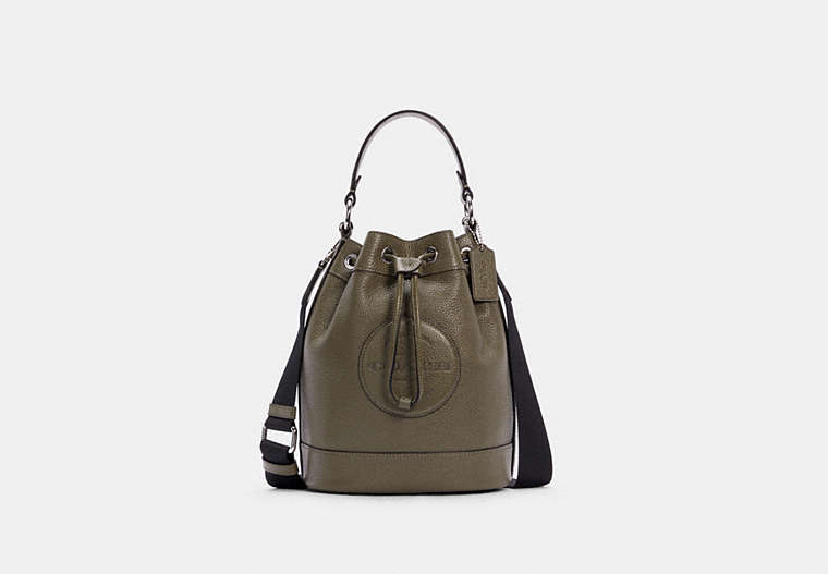 COACH®,DEMPSEY DRAWSTRING BUCKET BAG,Leather,Medium,Silver/Surplus,Front View